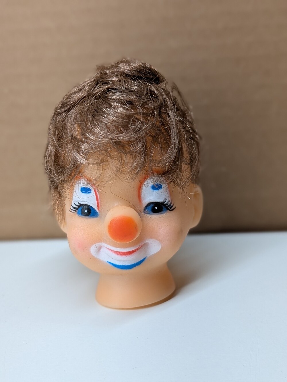 Vintage Clown Girl Head For Arts And Crafts With Brown Hair